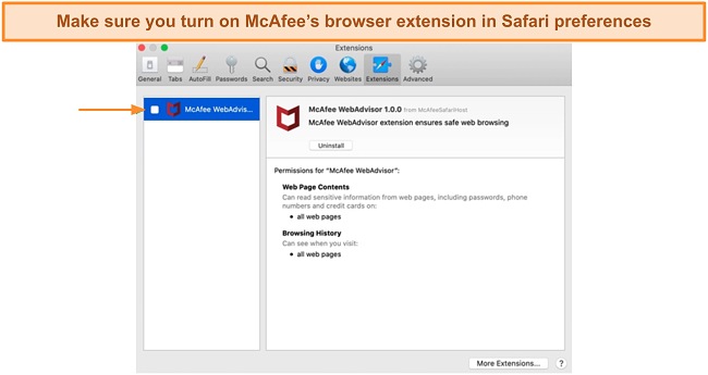 Screenshot of McAfee's WebAdvisor extension in the Safari 