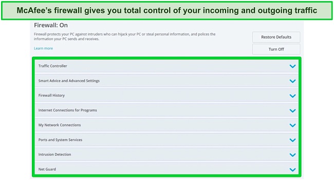 Screenshot of McAfee's firewall dashboard