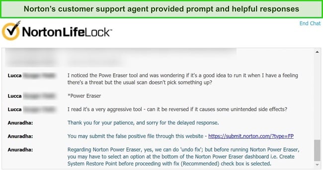 Screenshot of Norton's live chat with support agent