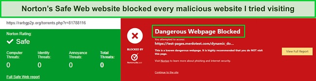Screenshot of Norton's Safe Web browser extension blocking a dangerous website