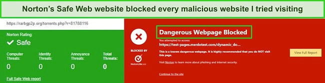 Screenshot of Norton's Safe Web browser extension blocking a dangerous website