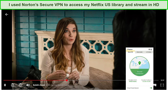 Screenshot of Norton's Secure VPN unblocking Netflix US