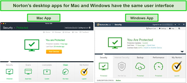 Screenshot of Norton's desktop apps (Windows and Mac) user interfaces