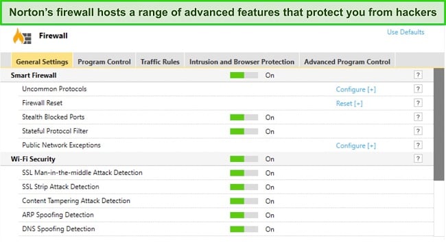 Screenshot of Norton's firewall dashboard