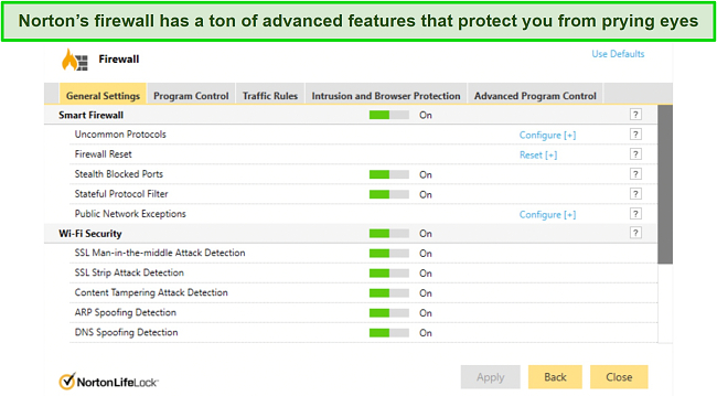 Screenshot of Norton's firewall dashboard