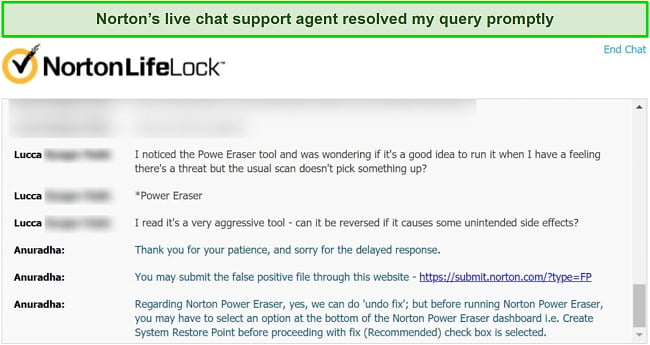 Screenshot of Norton's live chat