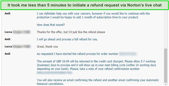 Screenshot of initiating refund request via Norton's live chat