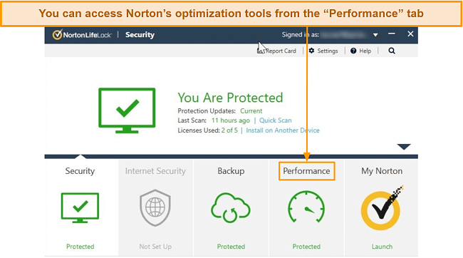 Screenshot of Norton's main dashboard