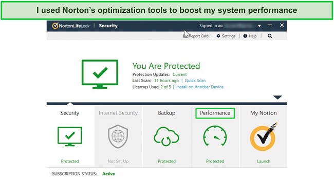 Screenshot of Norton's optimization tools