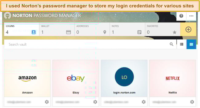 Screenshot of Norton's password manager's password vault dashboard