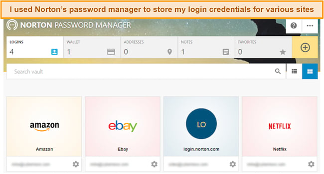 Screenshot of Norton's password manager's password vault dashboard