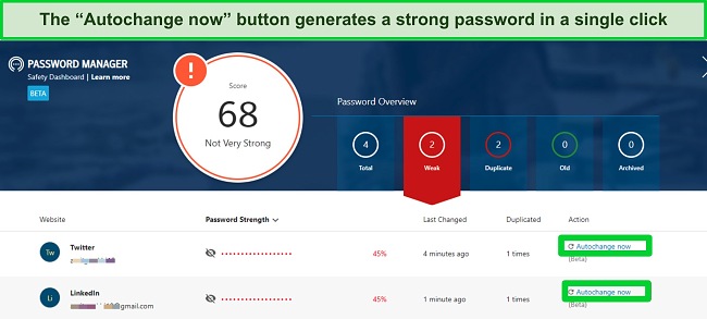 Screenshot of Norton password manager's password auditor