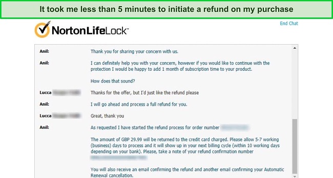 Screenshot of initiating refund request with Norton's live chat