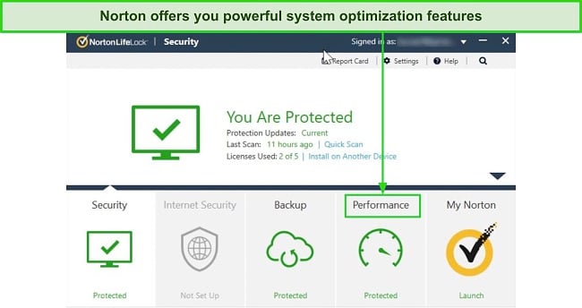 Screenshot of Norton's dashboard