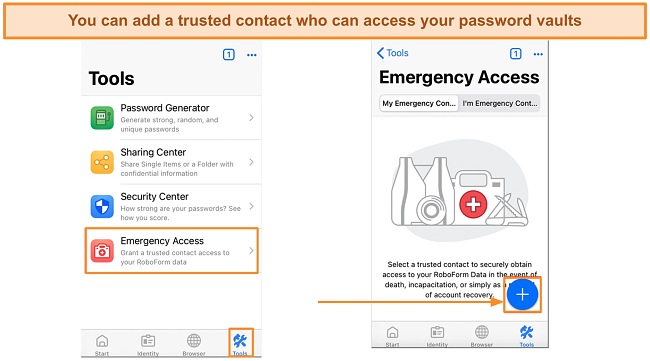 Screenshot of how to add emergency access on Roboform's iOS app