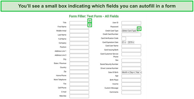 Screenshot of a test form being autofilled by Roboform's auto-fill feature
