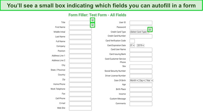 Screenshot of a test form being auto-filled by Roboform's auto-fill feature