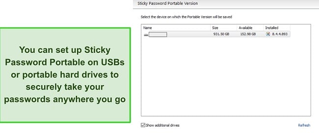 Screenshot of Sticky Password portable USB feature