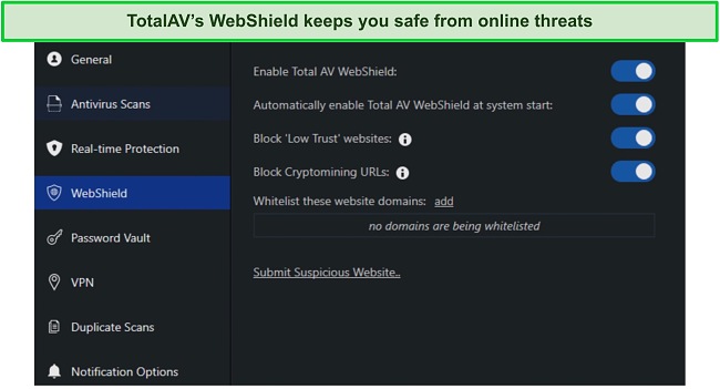 Screenshot of TotalAV's WebShield dashboard