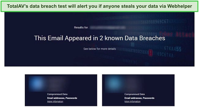 Screenshot of TotalAV's data breach test