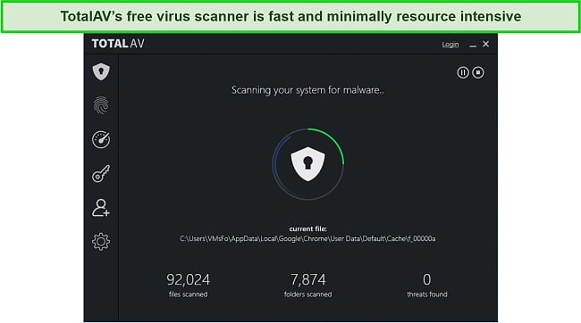 Screenshot of TotalAV's free virus scanner scanning system drives
