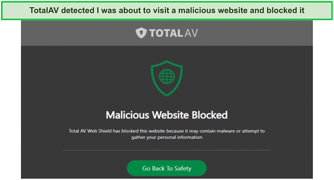 Screenshot of TotalAV blocking a malicious website