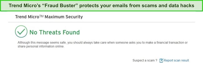 Screenshot of Trend Micro's Fraud Buster feature protecting emails