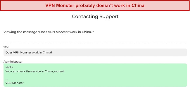 Screenshot of VPN Monsters customer support teams response to a general query