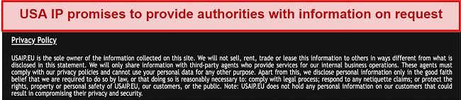 Screenshot of USAIP VPN's privacy policy