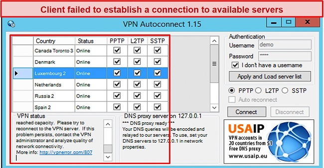 Screenshot of a failed login attempt for USAIP VPN