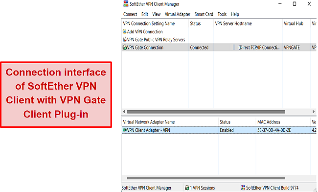 Screenshot of SoftEthers connection interface