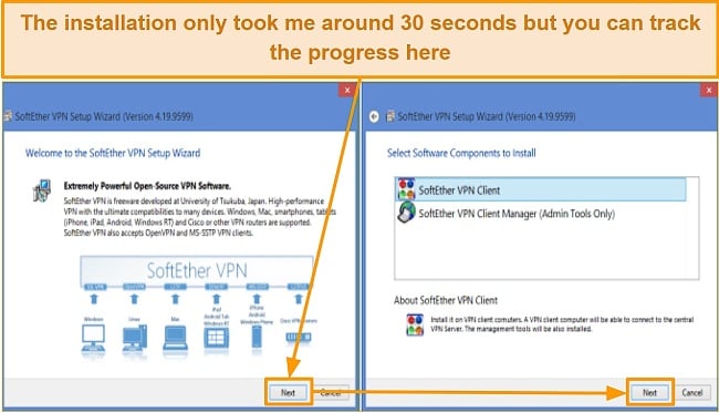 Screenshot showing SoftEther's installation process