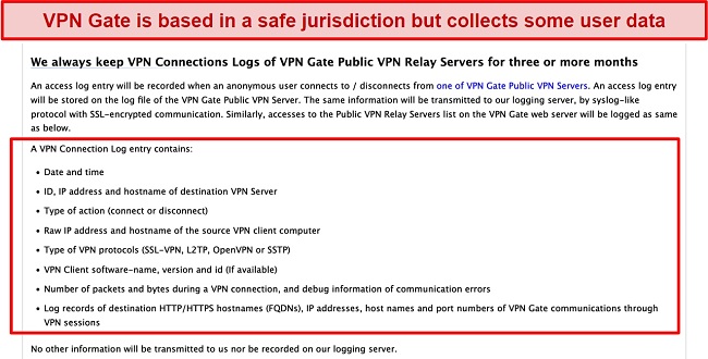 Screenshot of VPN Gate logging policy