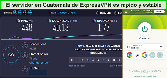 Captura de pantalla del resultado de la prueba de velocidad de Ookla de ExpressVPN.