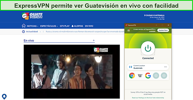 Captura de pantalla de ExpressVPN transmitiendo el canal en vivo en Guatevision.