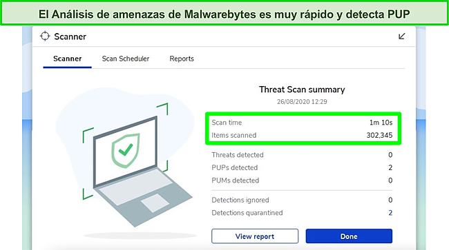 Captura de pantalla de los resultados del análisis de amenazas de Malwarebytes.