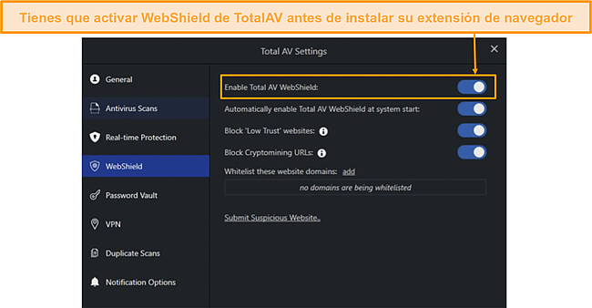Captura de pantalla del panel de configuración de TotalAV WebShield Settings.