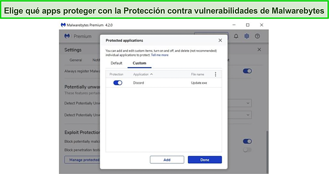 Captura de pantalla de la lista de aplicaciones protegidas por Exploit Protection de Malwarebytes.