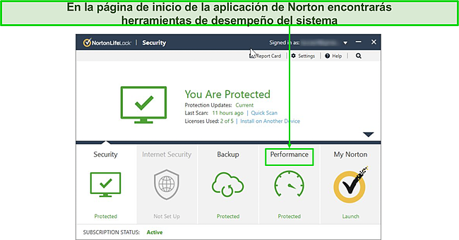 Captura de pantalla de la página de inicio de Norton.