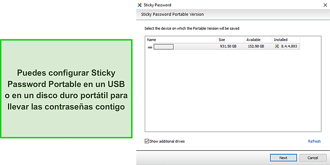 Captura de pantalla de la unidad USB portátil Sticky Password.