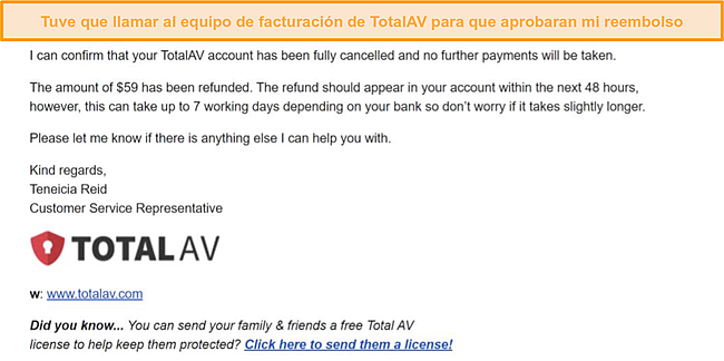 Captura de pantalla del correo electrónico de TotalAV aprobando una solicitud de reembolso.