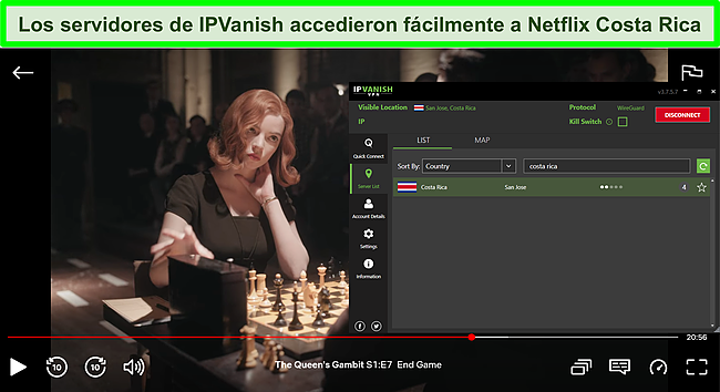 Captura de pantalla de IPVanish transmitiendo The Queen's Gambit en Netflix Costa Rica.