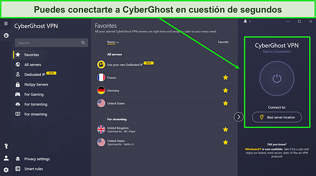 La interfaz de usuario de CyberGhost, que demuestra su función de conexión rápida y varios servidores optimizados para diferentes usos.