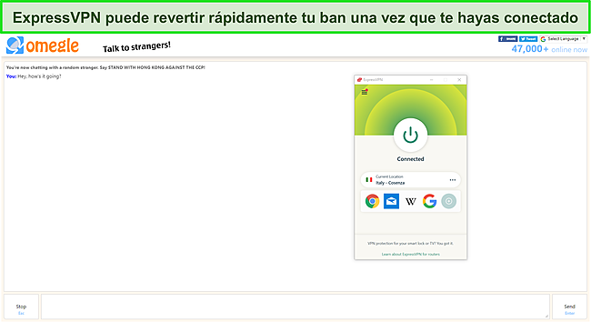 ExpressVPN desbloquea Omegle mientras está conectado a un servidor italiano.