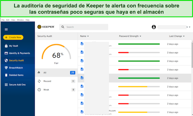 Captura de pantalla de la pestaña Auditoría de seguridad de Keeper