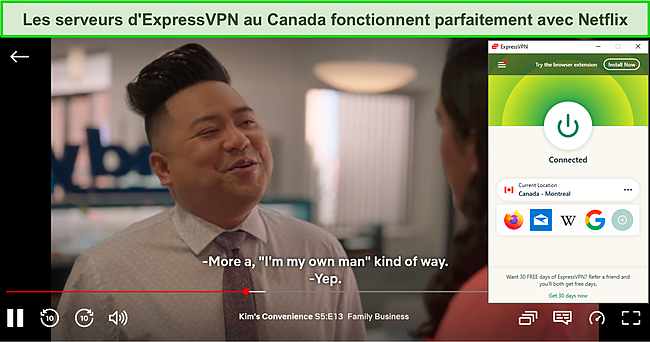 Capture d'écran de Kim's Convenience en streaming sur Netflix pendant qu'ExpressVPN est connecté à un serveur au Canada.