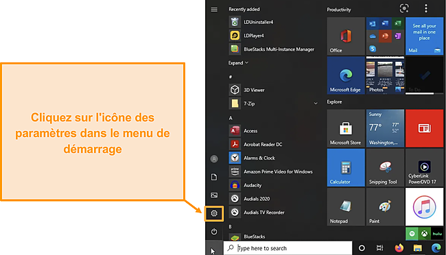 Capture d'écran de la barre de menu de démarrage de Windows 10.