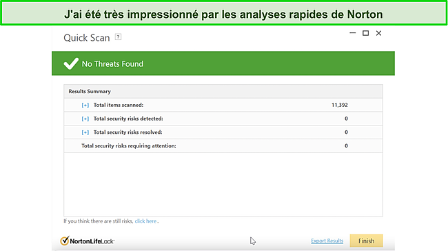 Capture d'écran des résultats de l'analyse rapide de Norton 360.