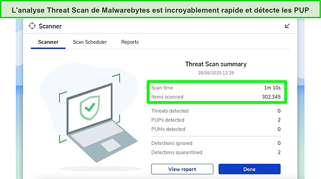 Capture d'écran des résultats de Malwarebytes Threat Scan.