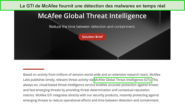 Capture d'écran du service cloud de renseignement sur les menaces GTI de McAfee.